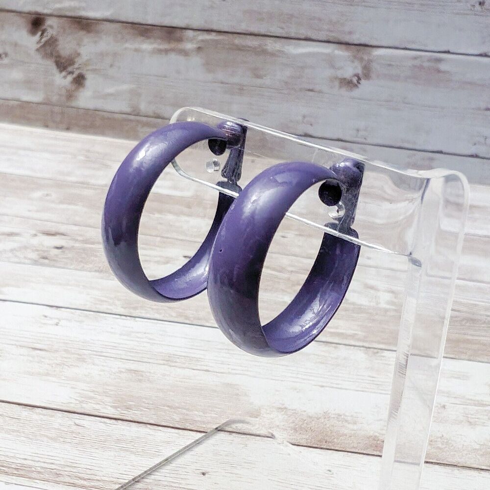 Vintage Clip On Earrings - 1 & 3/8" Large Retro Hoops - Purple